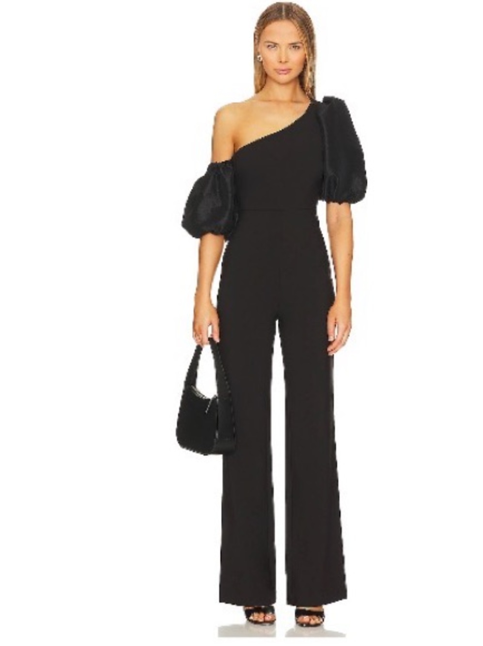 Likely Black One-Shoulder Jumpsuit with Puff Sleeve